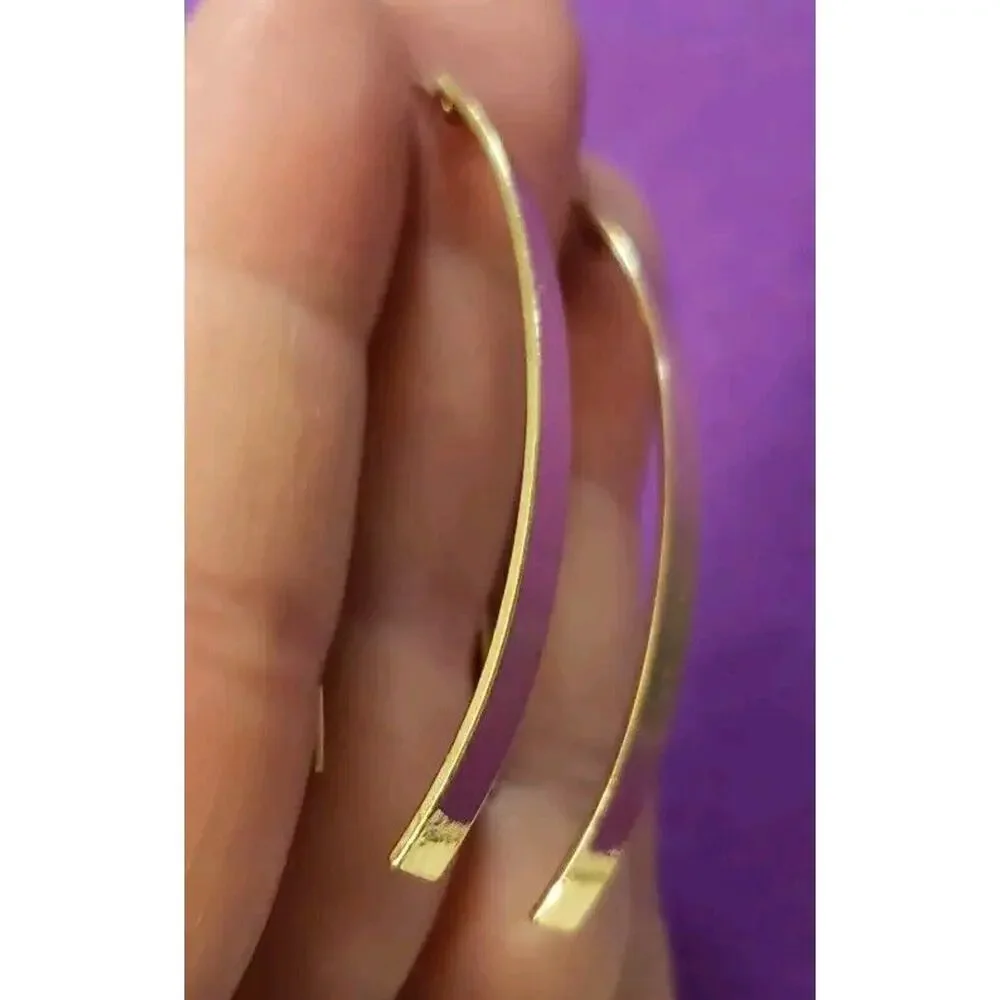 Long Dangle Threader Earrings Curved Bar Shiny Yellow Gold Tone Pierced New